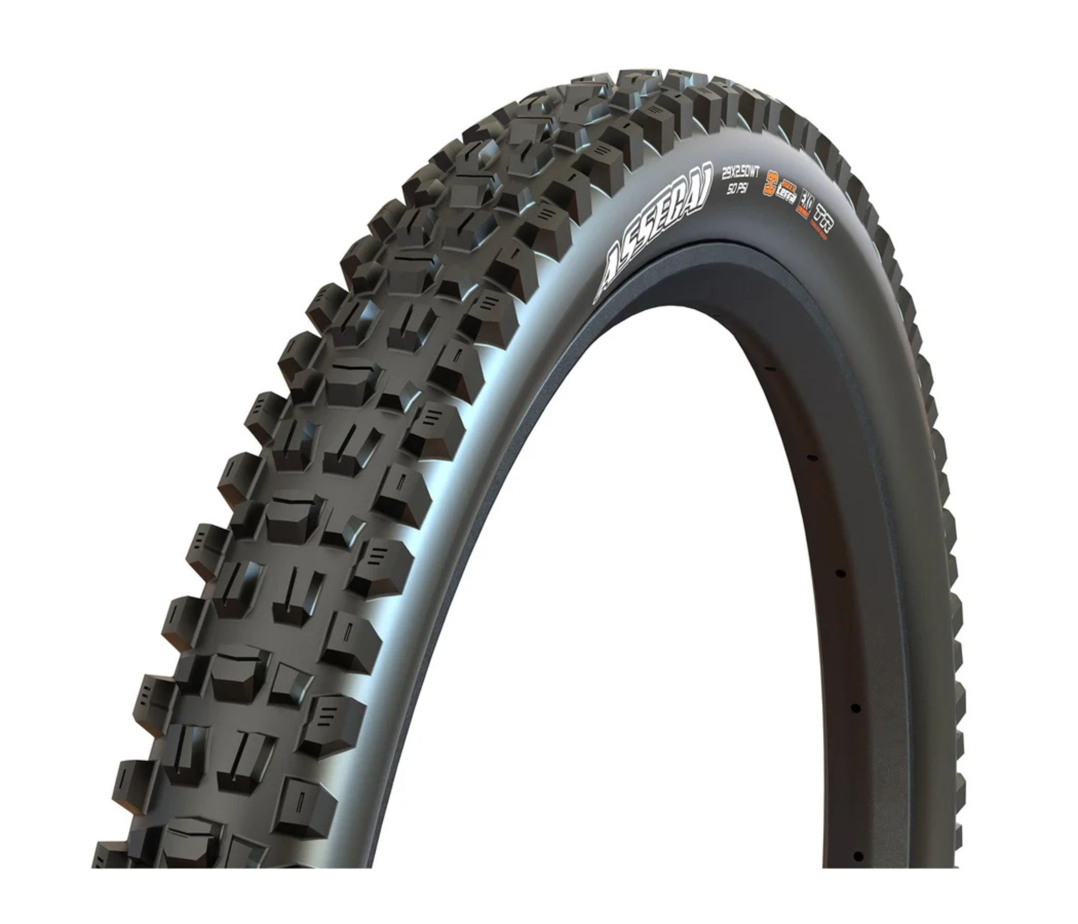 A close-up of a mountain bike tire with a rugged tread pattern.
