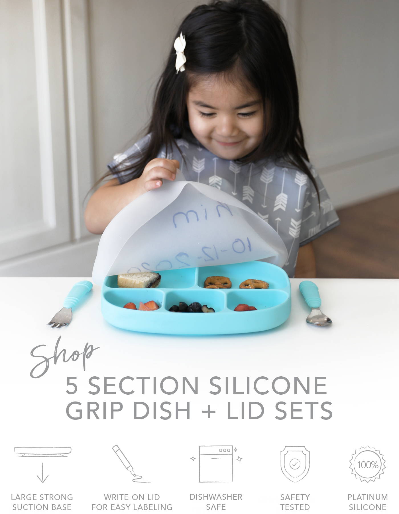 shop 5 section silicone grip dish and lid sets, strong suction base, great for baby-led weaning, encourages learning, safety tested, platinum silicone