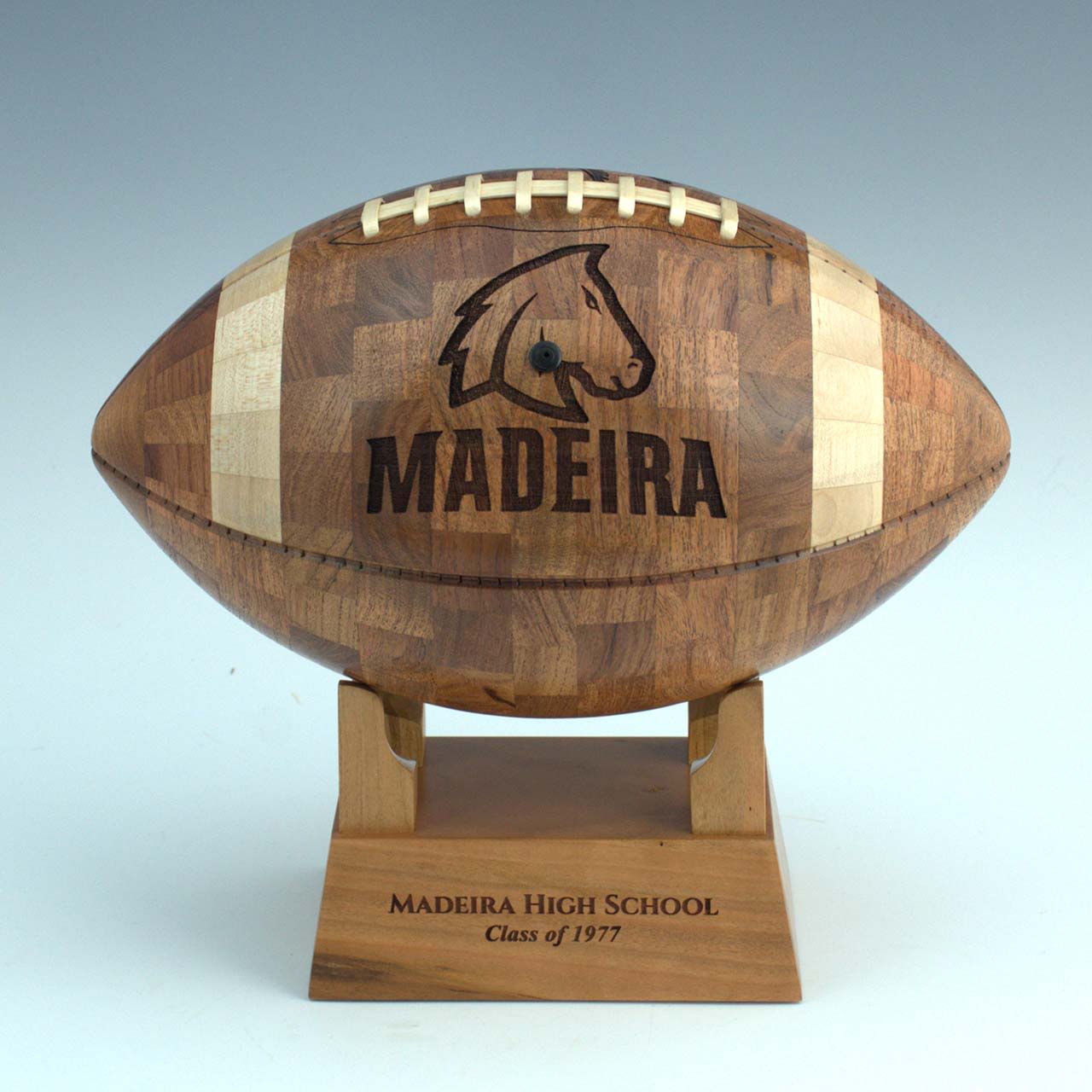 Wooden football trophy with 