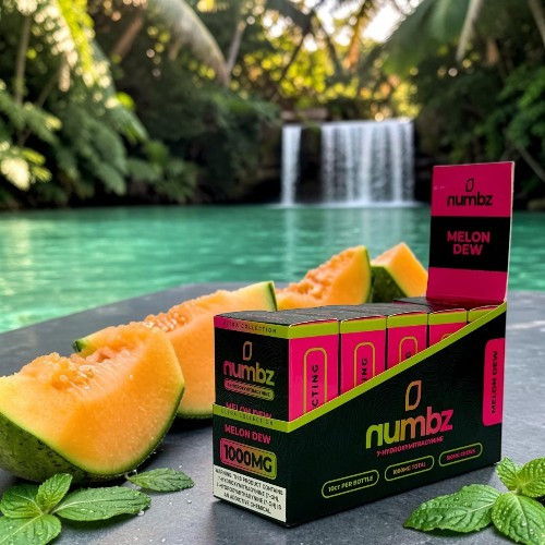 Vape boxes with melons near a tropical pool and waterfall backdrop.