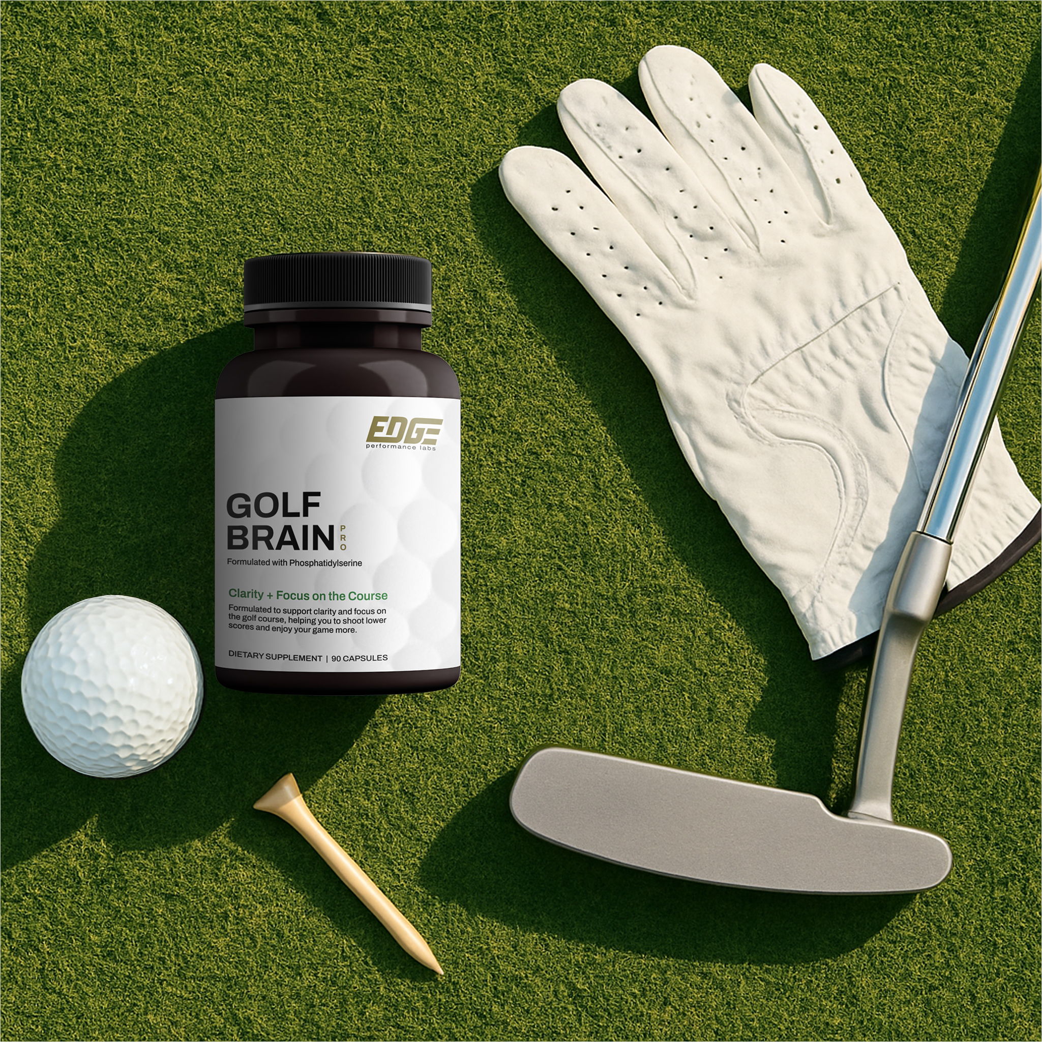 Bottle of Golf Brain Pro on a putting green