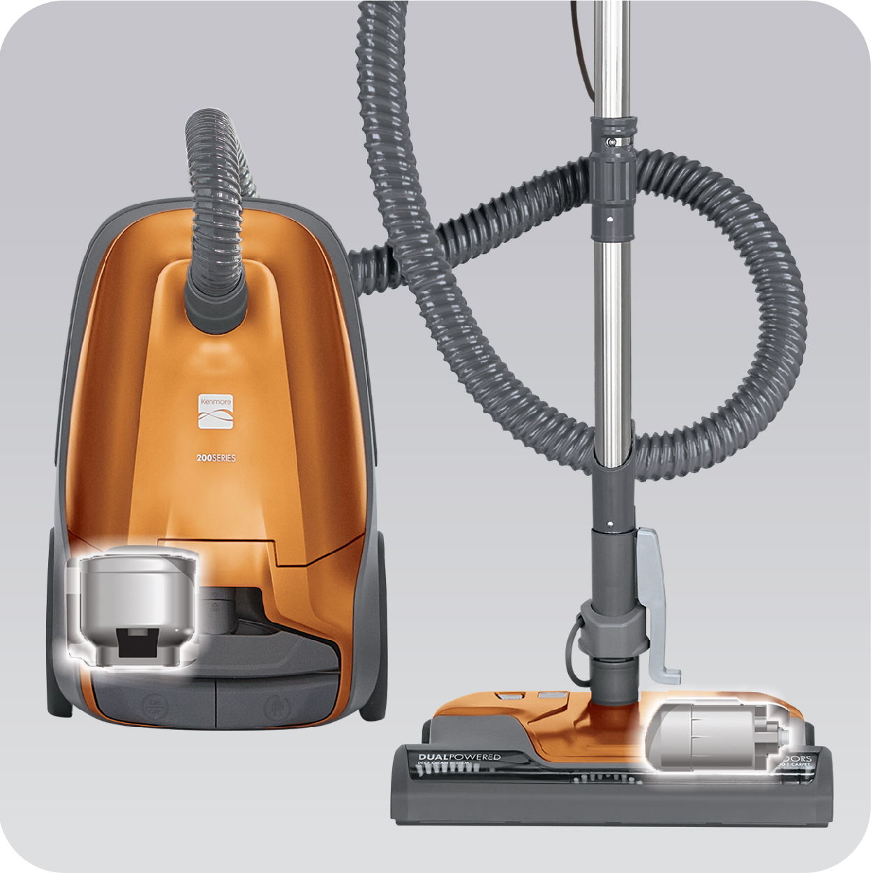Vacuum cleaner with hose and attachment, showcasing design and functionality.