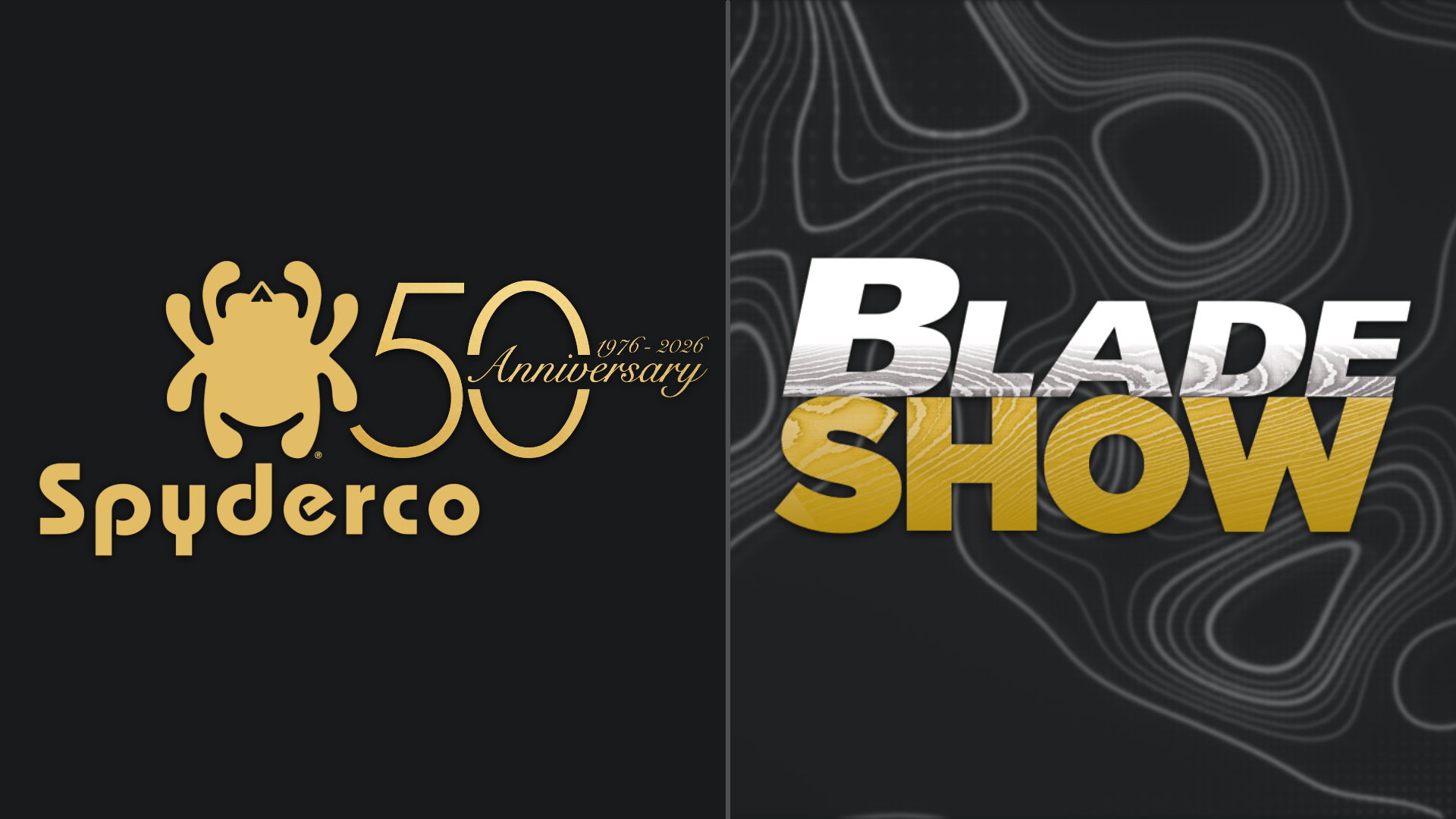 Spyderco 50th anniversary logo and Blade Show text on a black background.