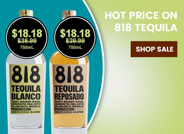 Two bottles of 818 Tequila with pricing and a sale banner.