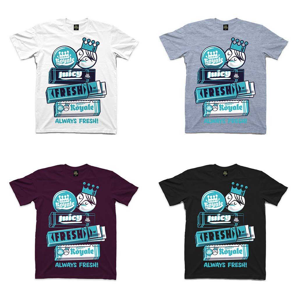 Four different color t-shirt mock-ups with retro t-shirt design