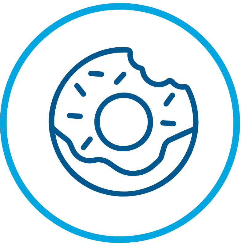 A bitten donut with icing, set in a circular frame.