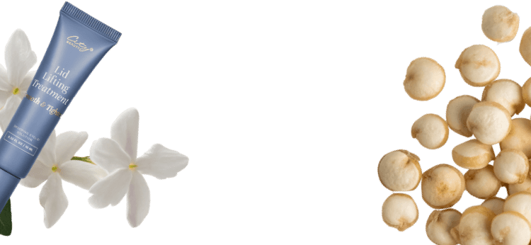 A tube of cream, white flowers, and macadamia nuts.