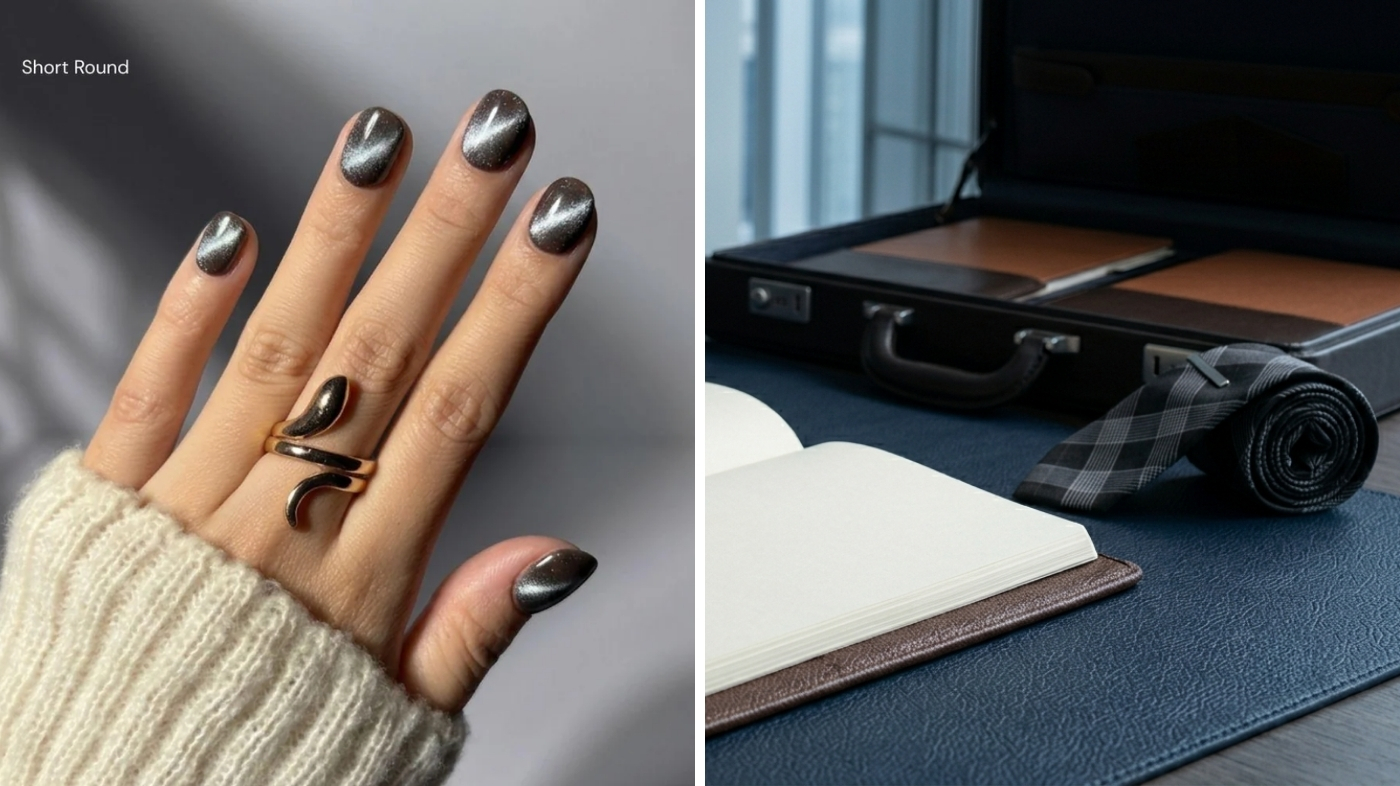 Slate gray matte press-on nails with silver pen and notebook for Artem Wing cosplay