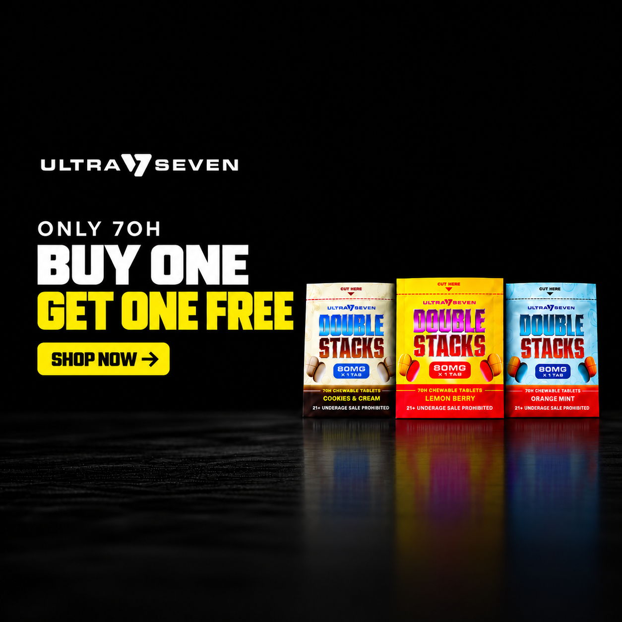 Promotional image for Ultra Seven products with a buy one get one free offer.