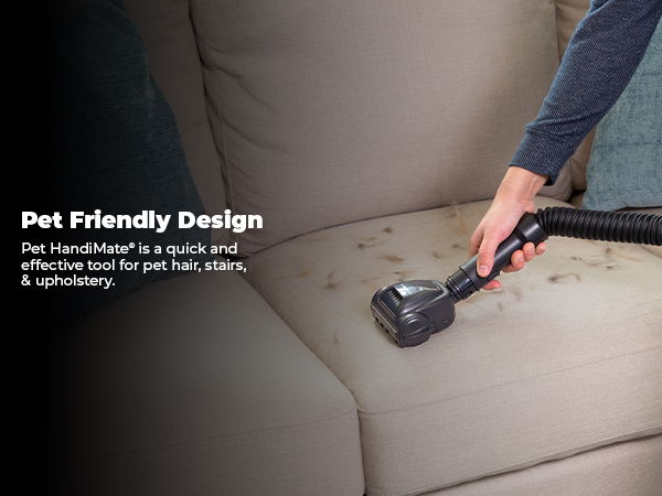 Person using a handheld vacuum on a couch with pet stains.