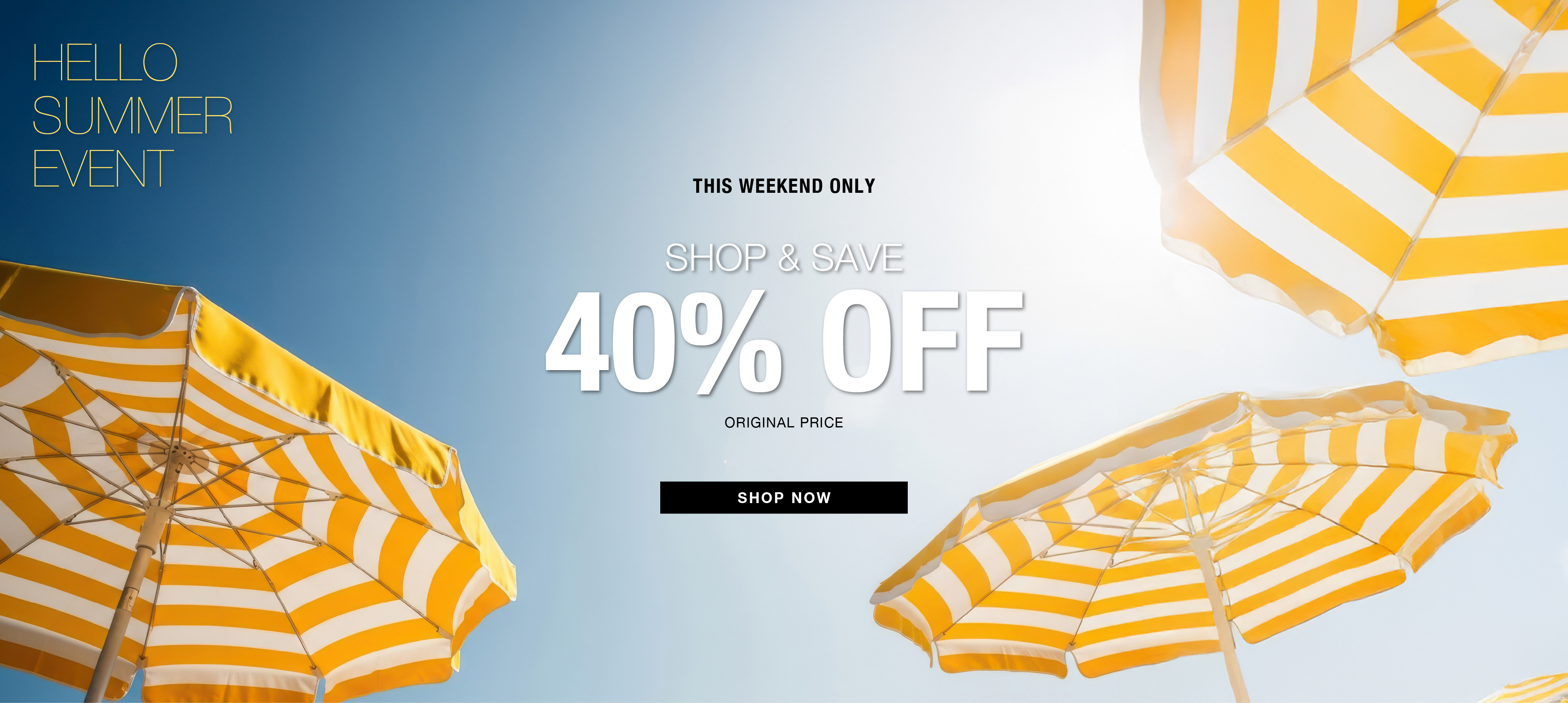 Yellow and white beach umbrellas with a discount offer.