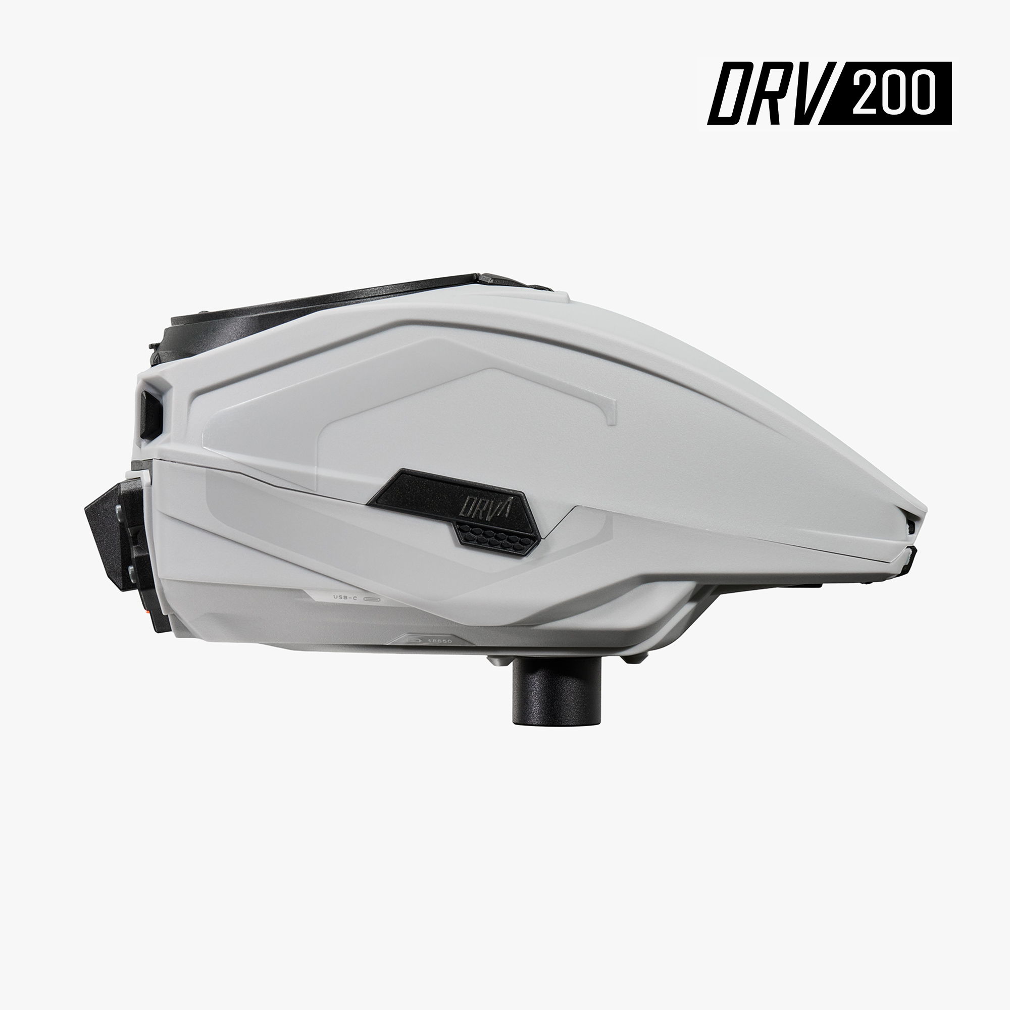 Gray paintball loader with modern design, labeled DRV200.