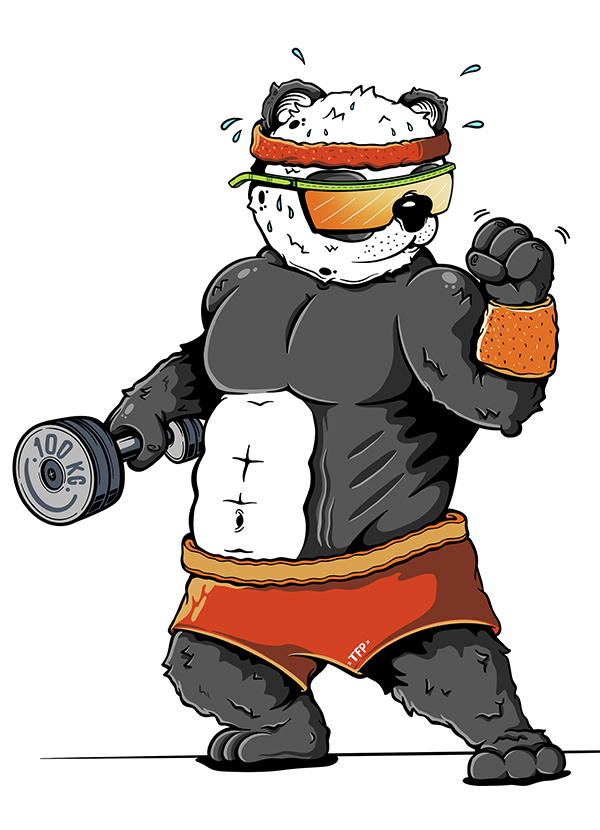 Pablo the panda mascot in a muscular gym pose, wearing a visor and lifting a dumbbell, illustrated with exaggerated cartoon strength and bold outlines.