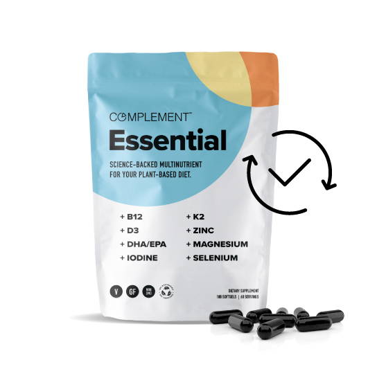 Complement Essential vegan multivitamin pouch and capsules