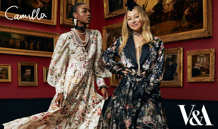 CAMILLA x The Victoria and Albert Museum Capsule Collection | Camilla Frank wearing black floral jacket and skirt, Model wearing cream floral dress