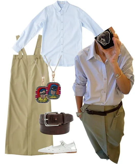 Outfit layout featuring shirts, pants, accessories, and shoes.