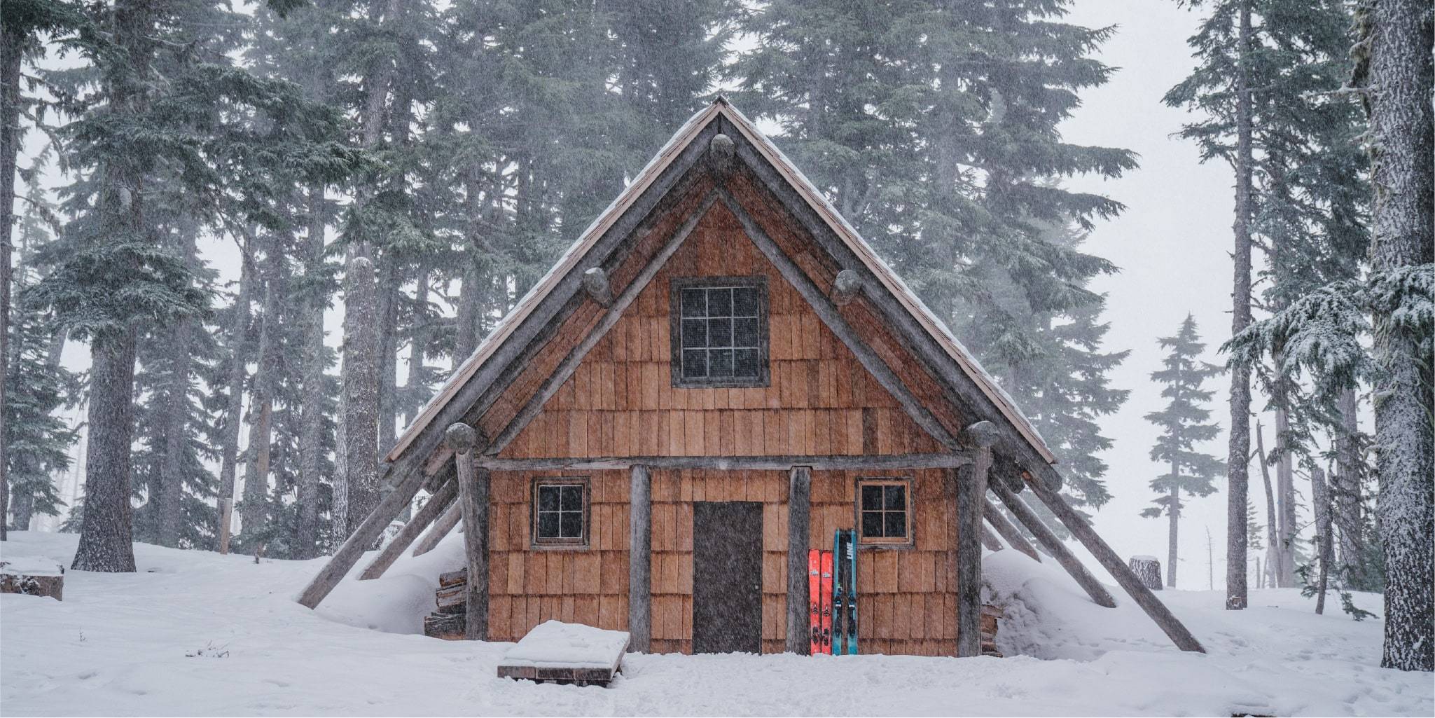 Snow covered A frame cabin in Mt. Hood