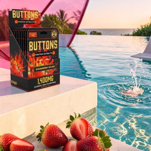 Box of Buttons near a pool with strawberries and a sunset background.