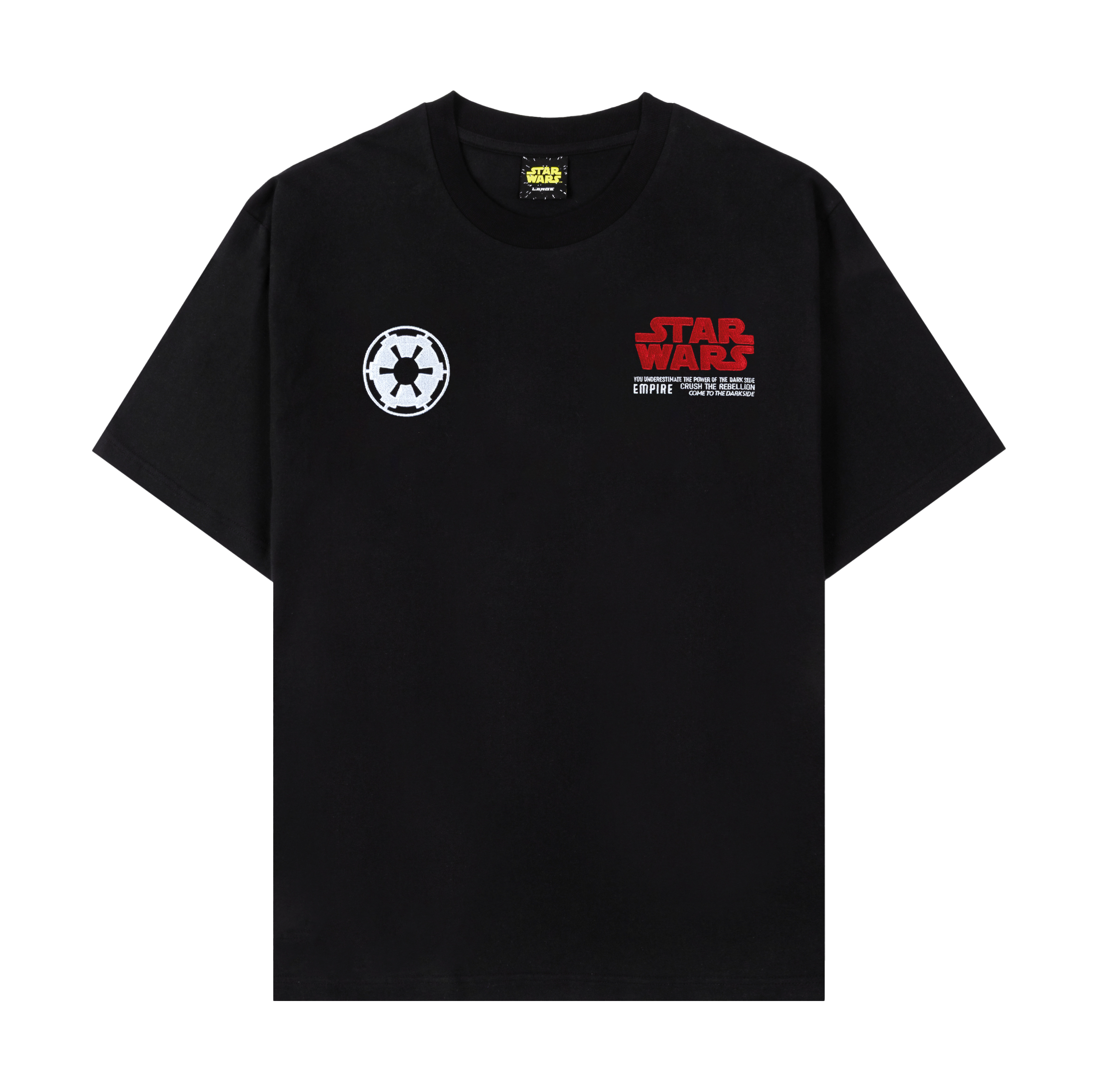 Black Star Wars t-shirt with logo and red text.
