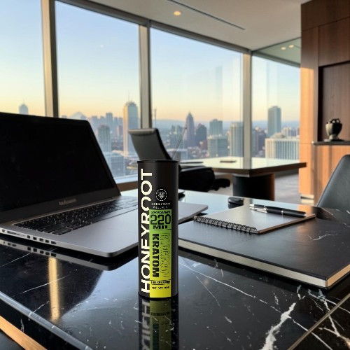 A bottle of product on a desk with a city skyline view.