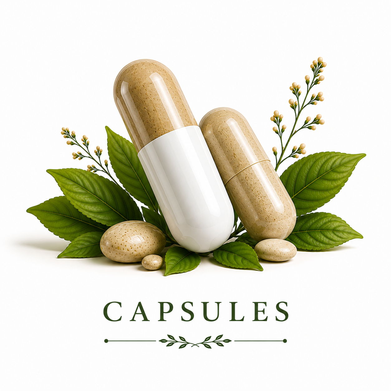 Two capsules on green leaves, with text 