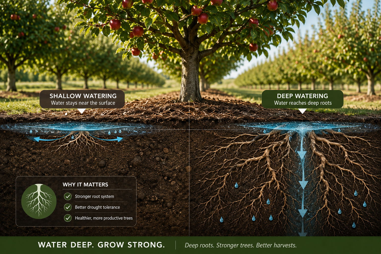 Illustration of apple trees with roots and water management information.