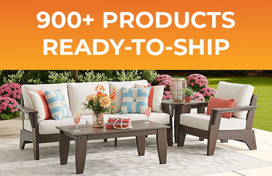 Outdoor furniture set with cushions and flowers, text promoting ready-to-ship products.