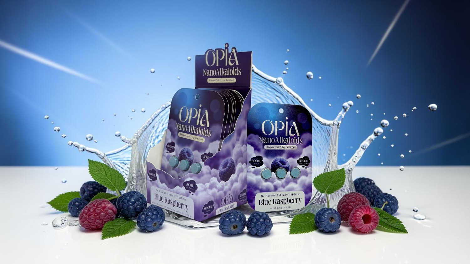 Two packages of yogurt surrounded by berries and splashes of water.
