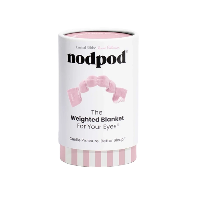 Nodpod weighted blanket packaging in pink and white design.