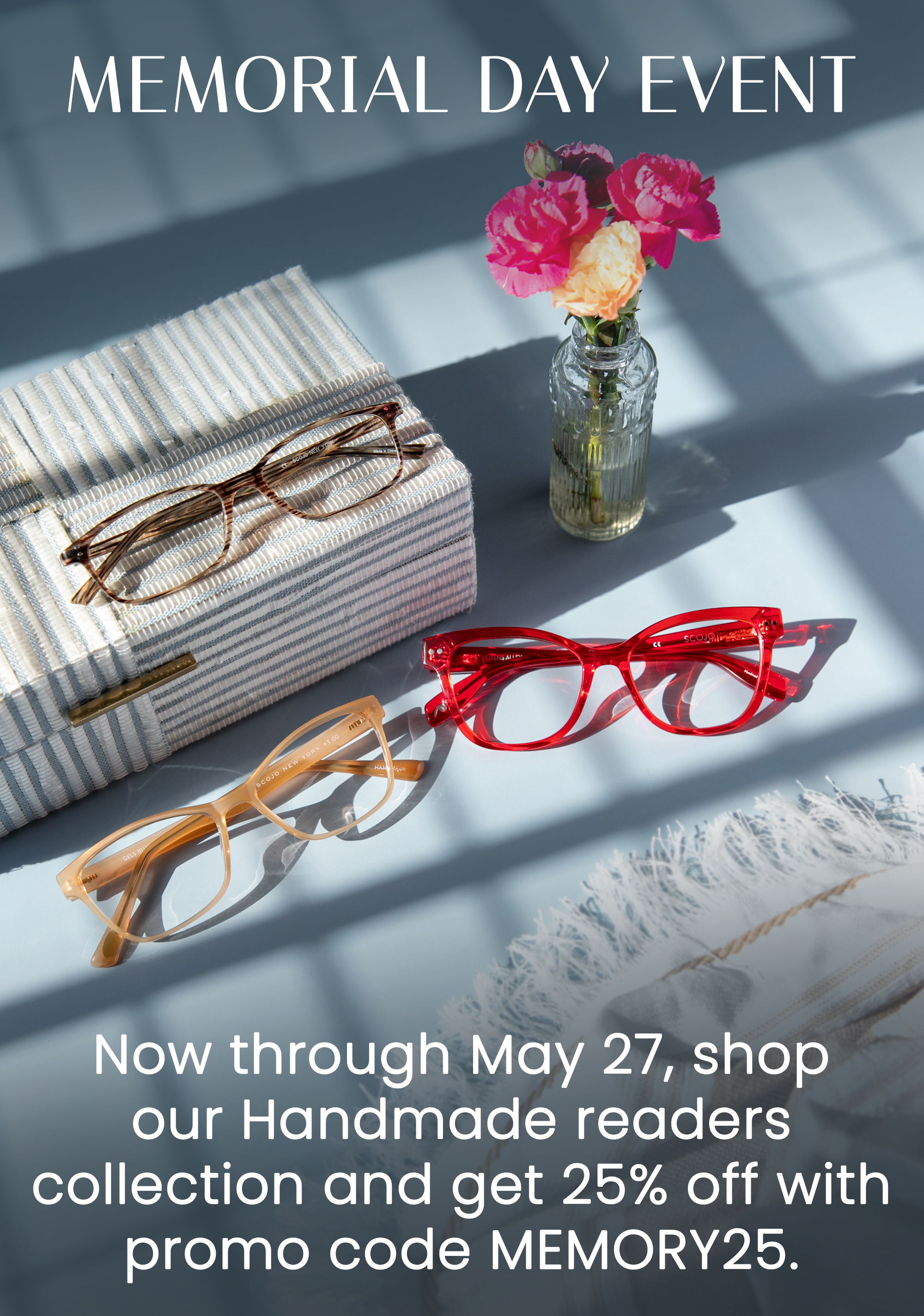 Glasses on a table with flowers, promoting a Memorial Day event sale.