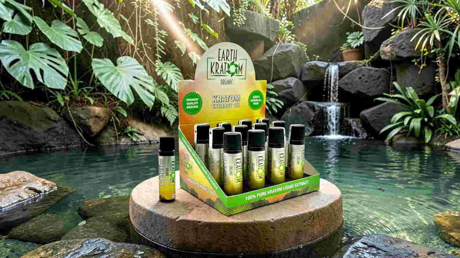 Display of oil bottles surrounded by lush greenery and water feature.