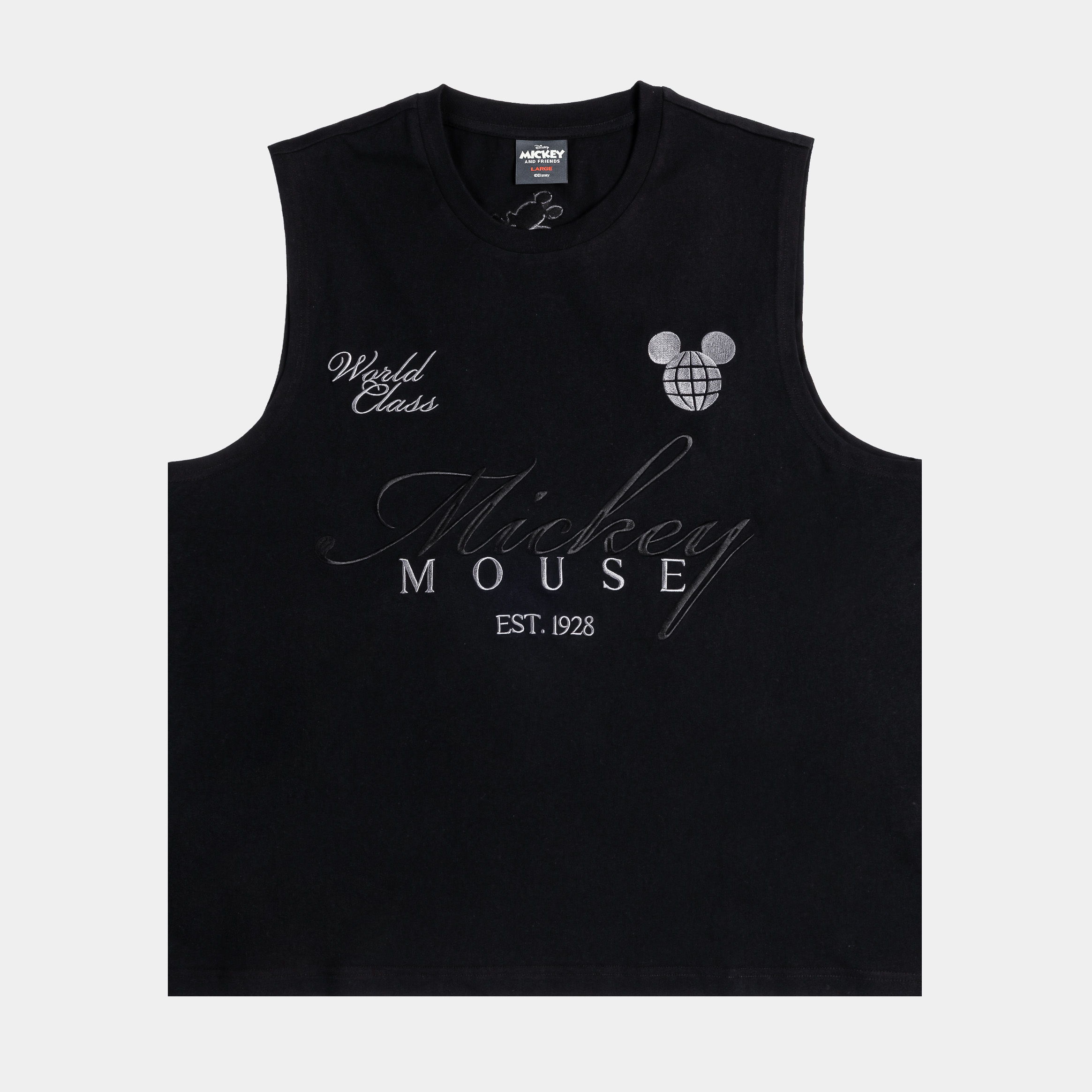 Black sleeveless shirt featuring Mickey Mouse graphic and text.