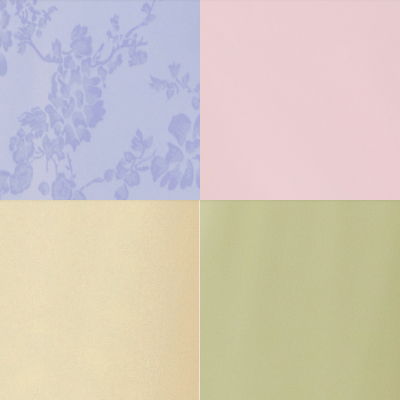 Four square sections in pastel colors: blue, pink, cream, and green.