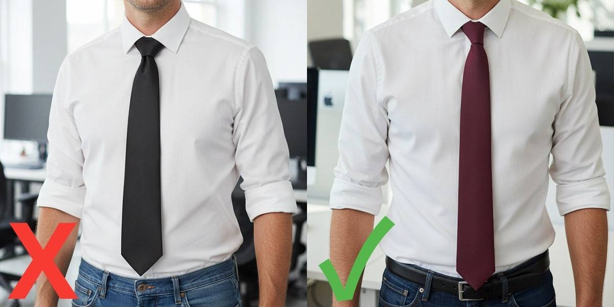 Side by side of the right and wrong way to wear a necktie with jeans for business casual