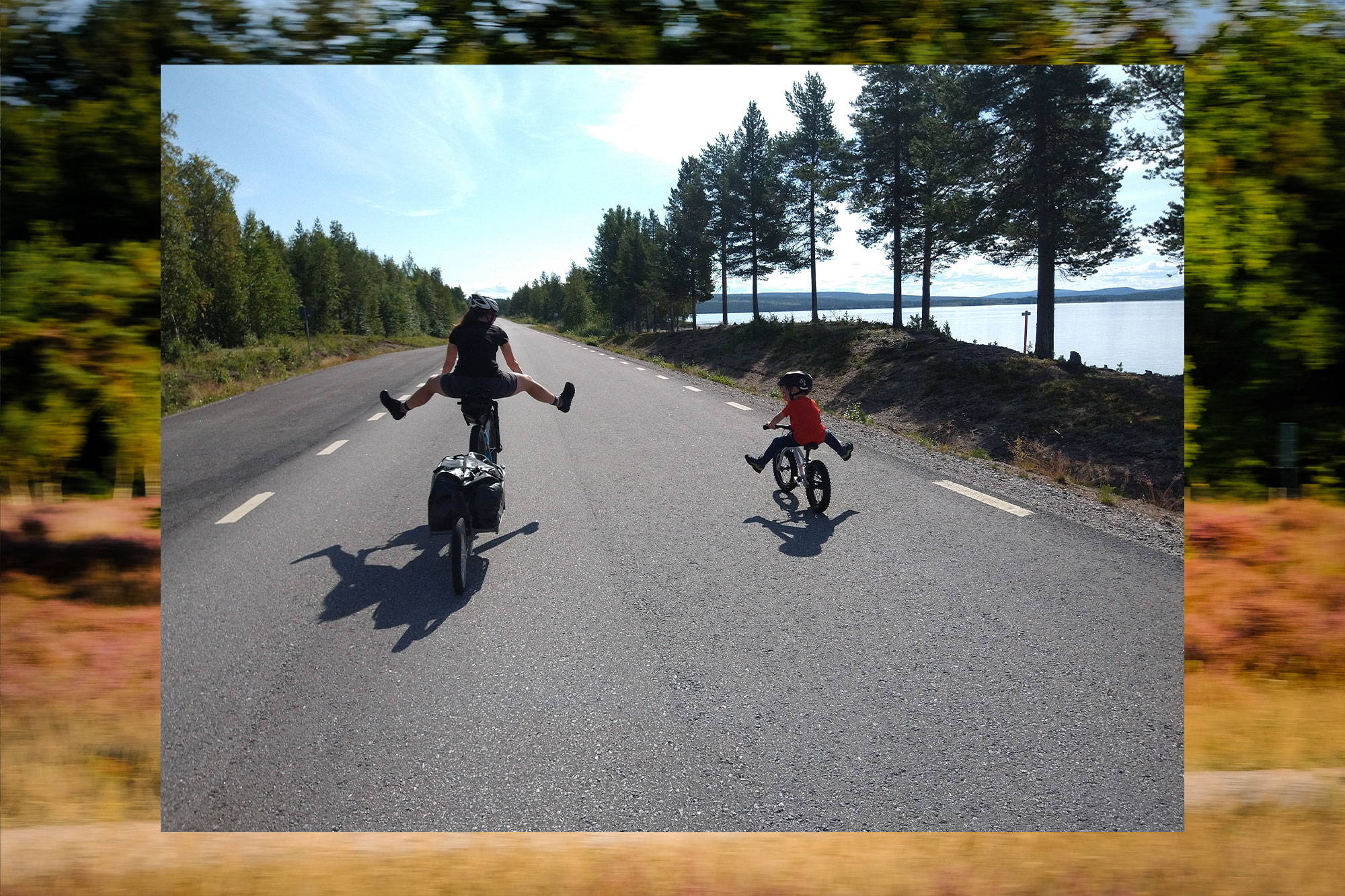 Katrien and son riding on the road