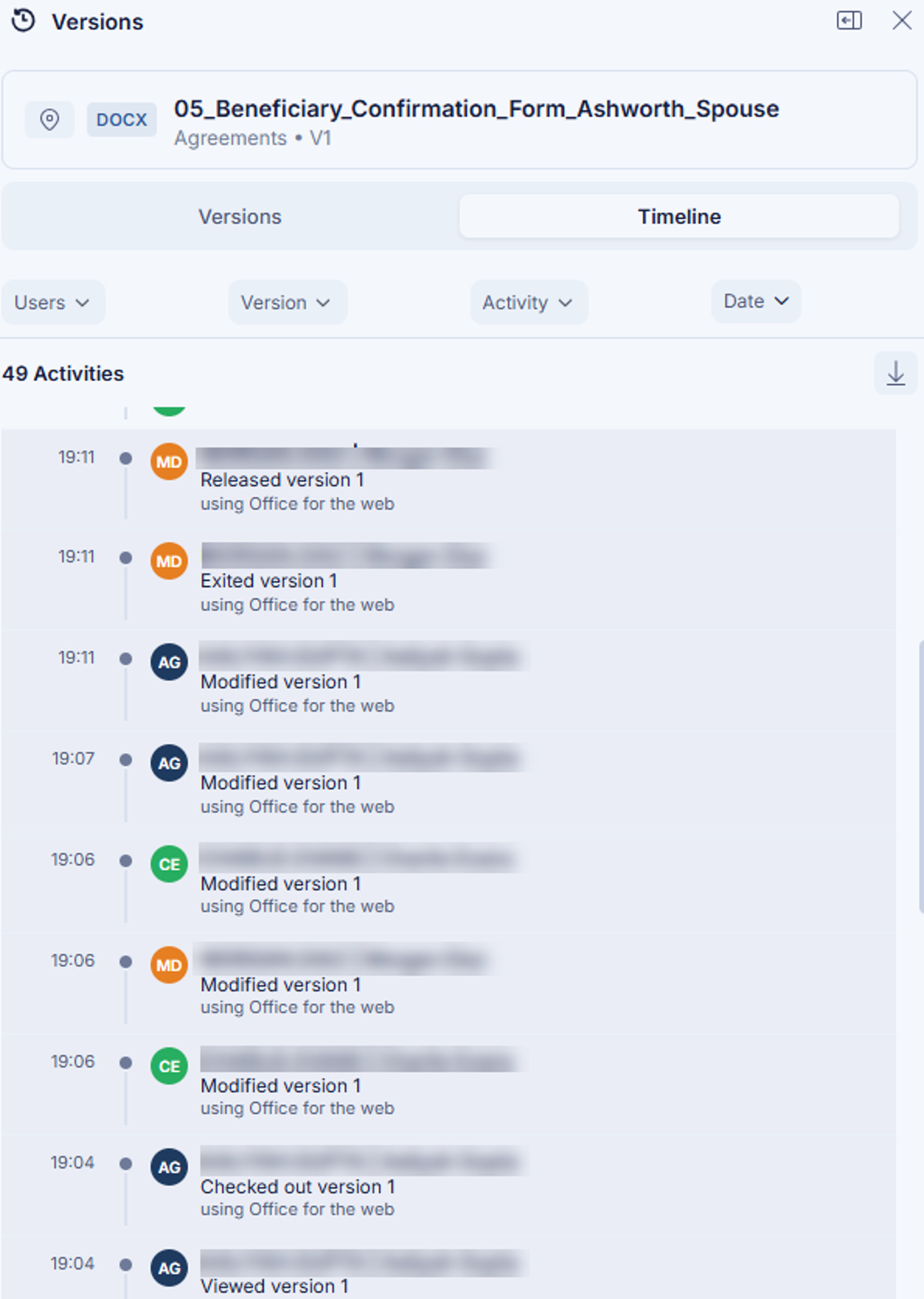 Screenshot of a version history log with various activities listed.