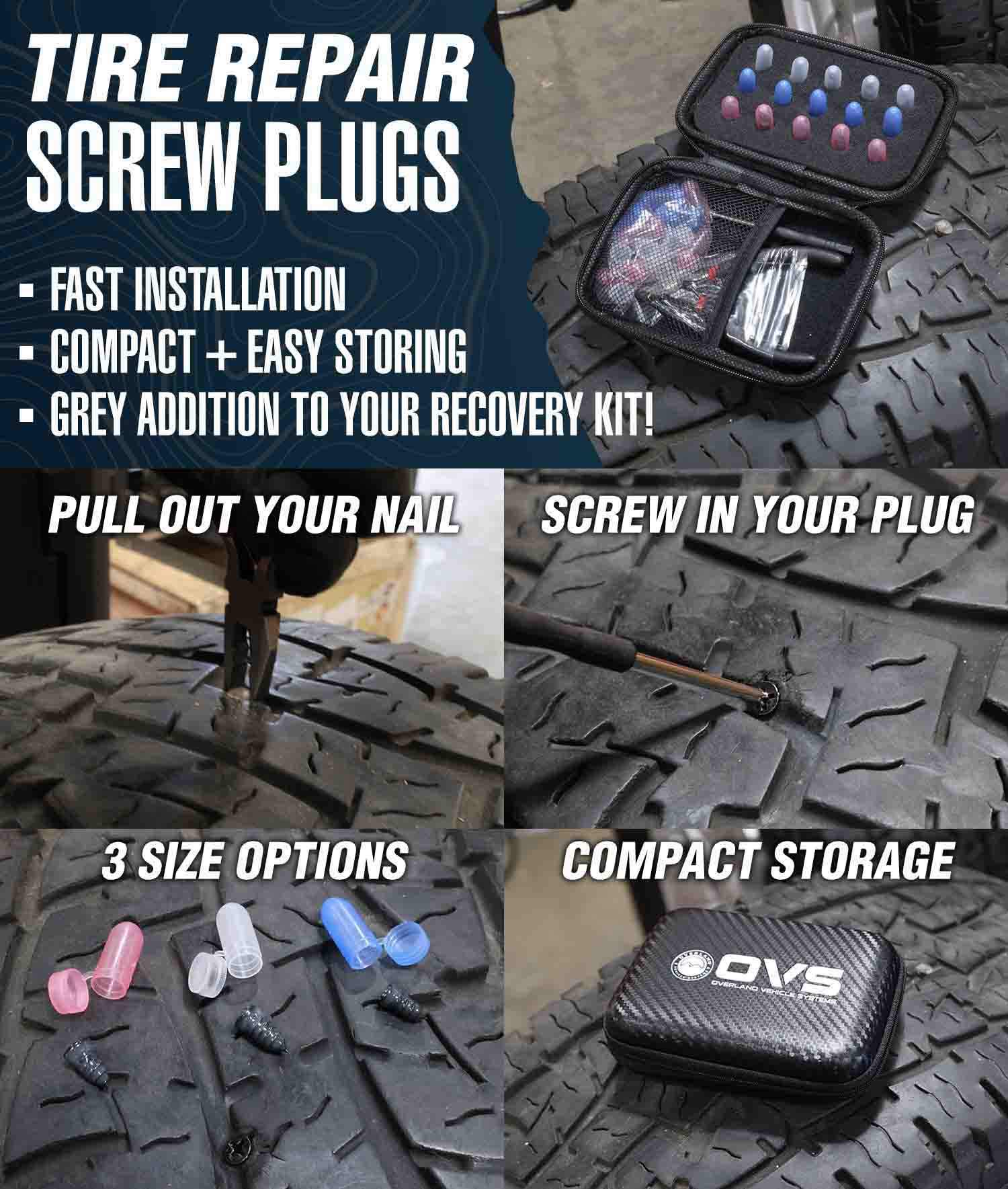 Tire repair screw plugs with installation instructions and storage options.