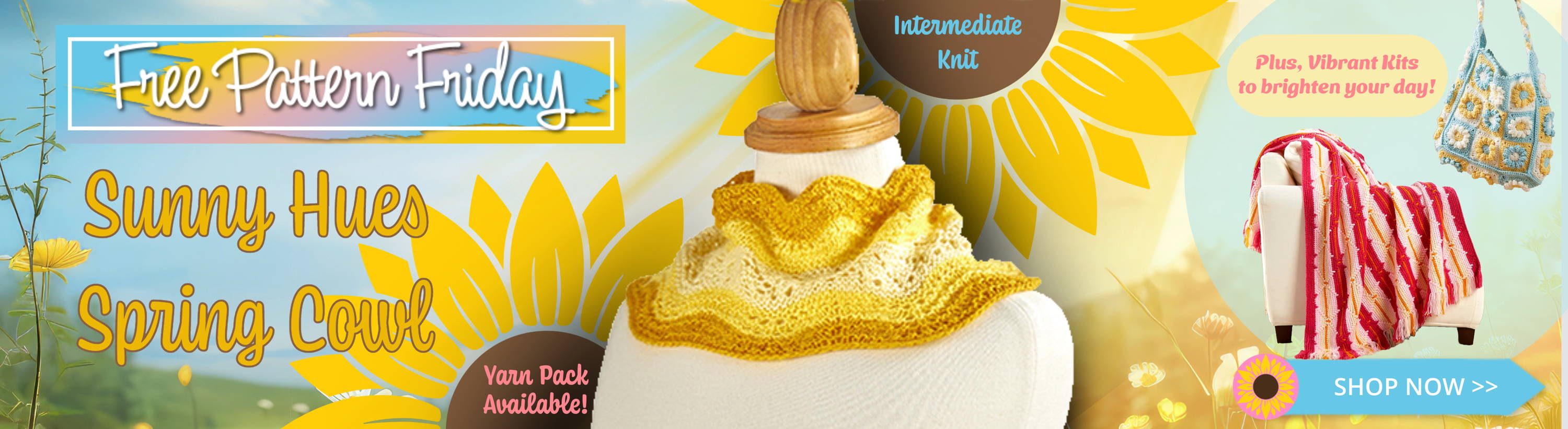 Free Pattern Friday! Sunny Hues Spring Cowl (Intermediate Knit). Yarn Pack Available. Download now.