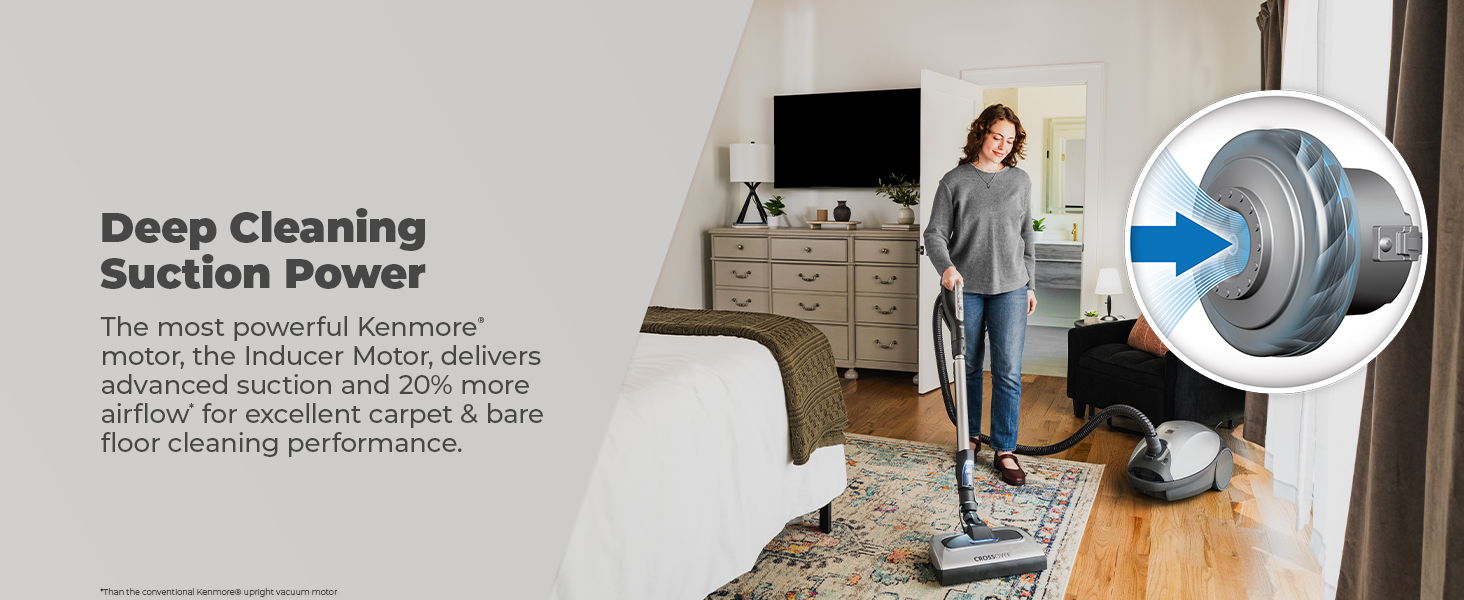 Woman vacuuming with a powerful vacuum cleaner, showcasing deep cleaning suction technology.