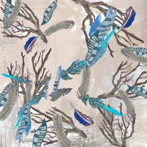 Duck feathers in vibrant hues of turquoise, sapphire and slate blues dance around driftwood forms over cloudy taupe and white.