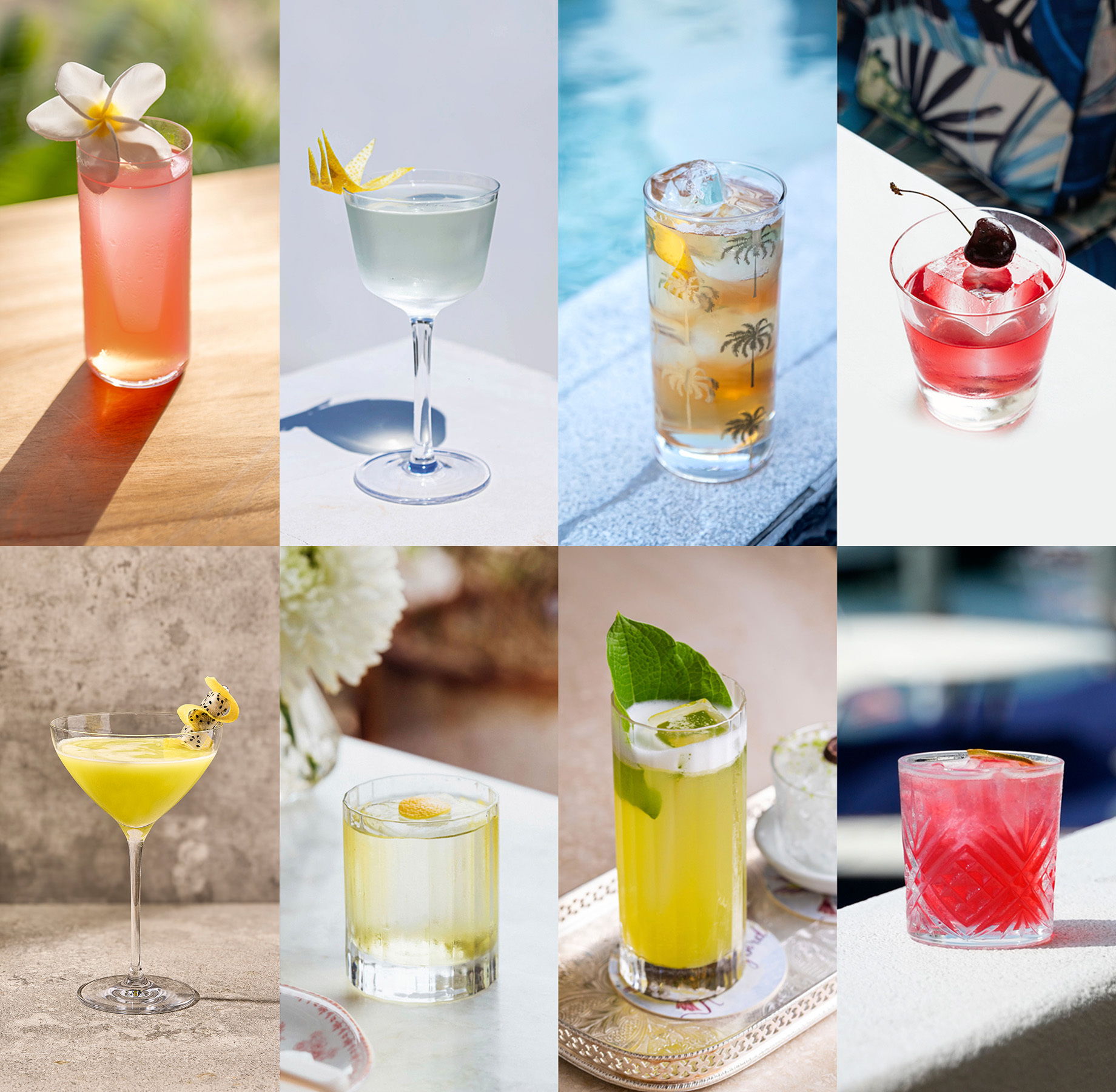 Assorted colorful cocktails arranged in a grid layout.