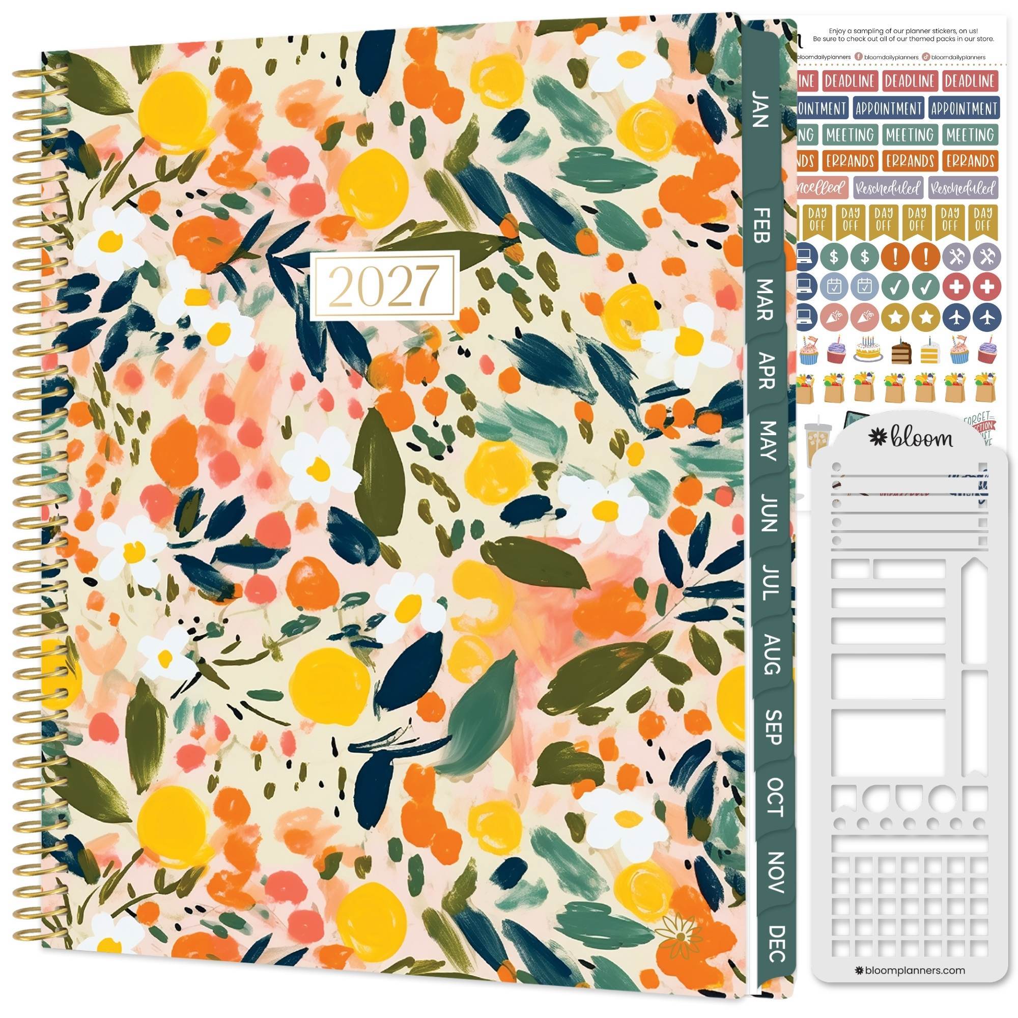 a large soft cover 2027 planner with bold orange, yellow and green abstract fruit and floral patterns on the cover