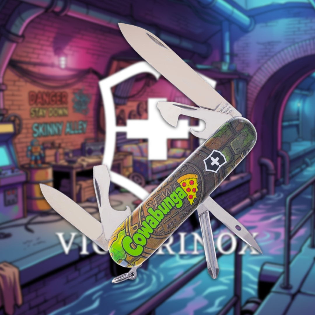 Victorinox Swiss Army knife with colorful pizza-themed design in a vibrant background.