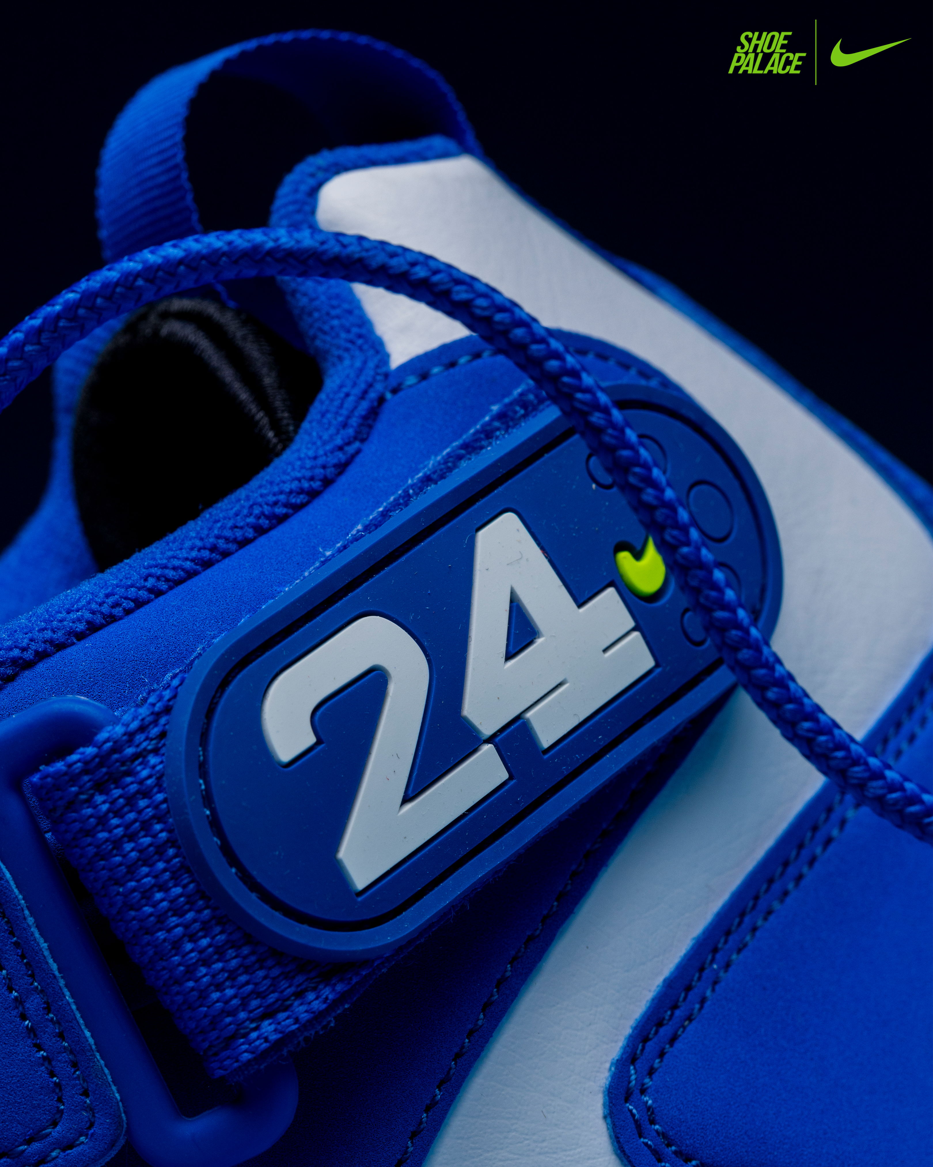 Air Griffey Max 1 Varsity Royal - Close-up of a blue sneaker with the number 24 and Nike logo.