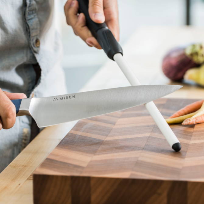 Realign the microscopic steel teeth of your Misen Short Chef's Knife with regular honing.