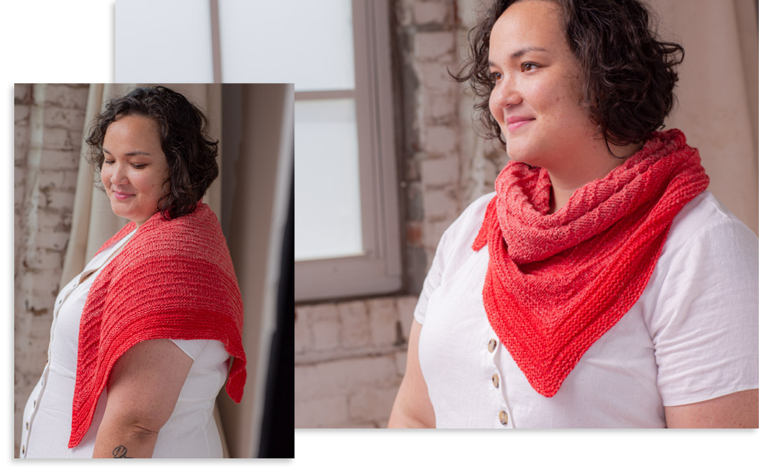 Dapple Collection | Model wearing Interval Shawl, knit in Dapple color Honeycrisp