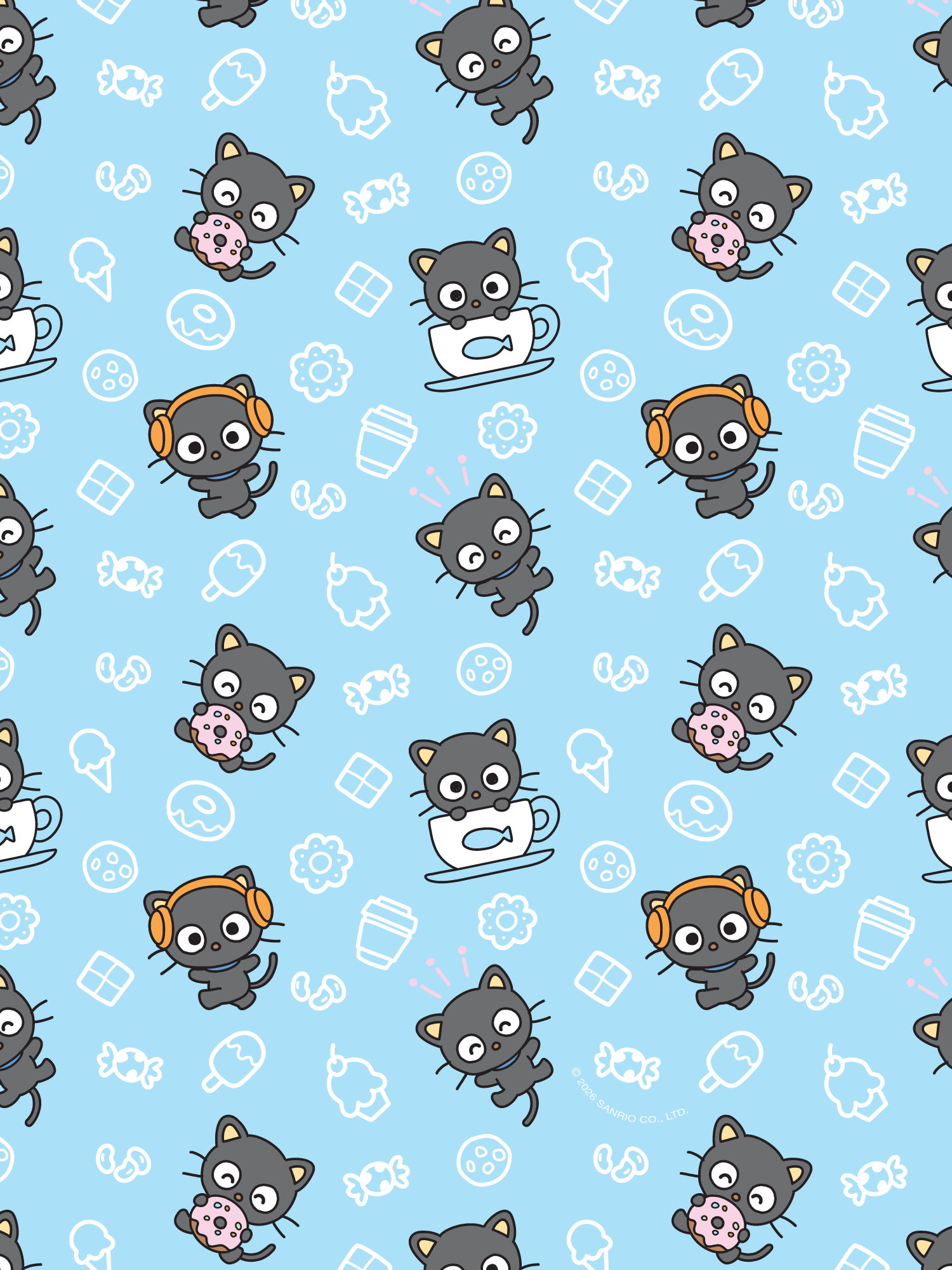 Pattern of cute cartoon cats on a blue background.