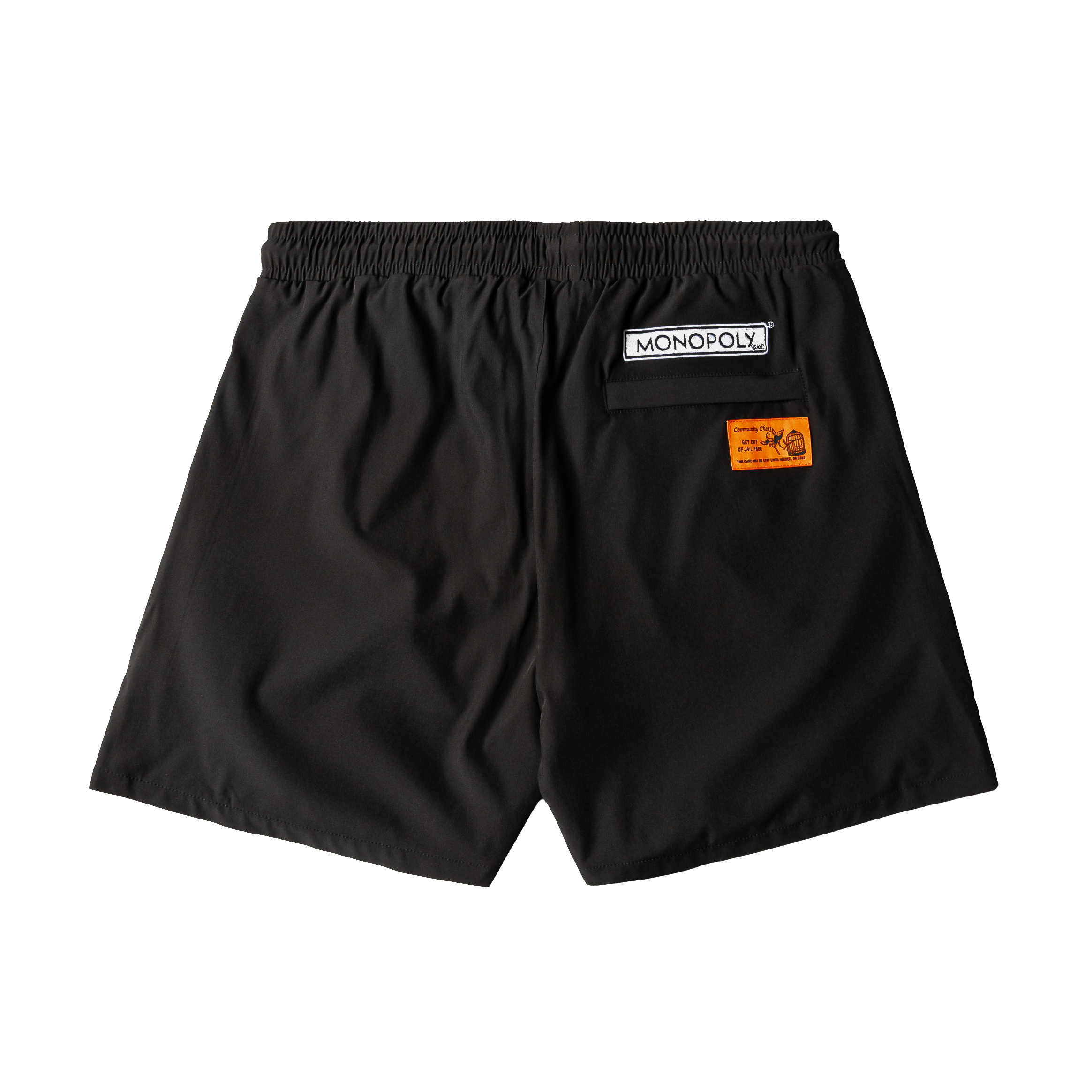 Black shorts with the text 