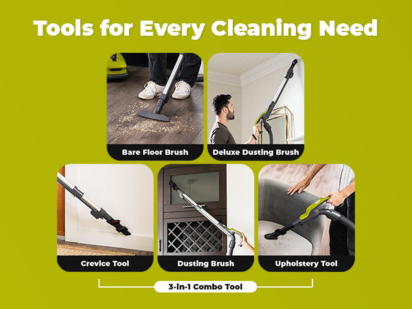 Tools for every cleaning need with various attachments shown.