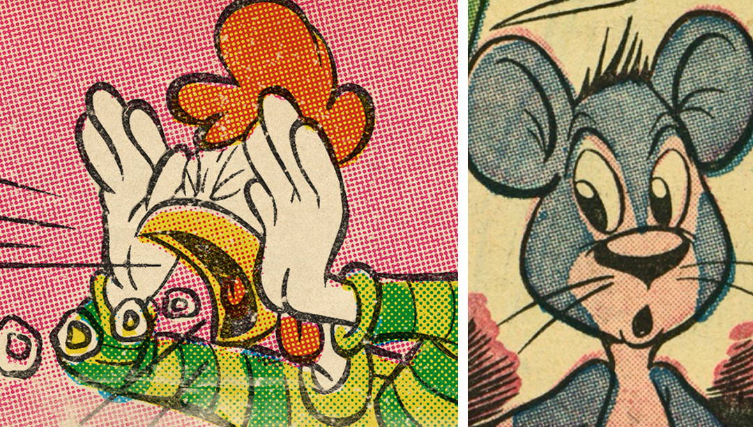 Close ups of two comic panels. One of a chicken and one of a mouse.
